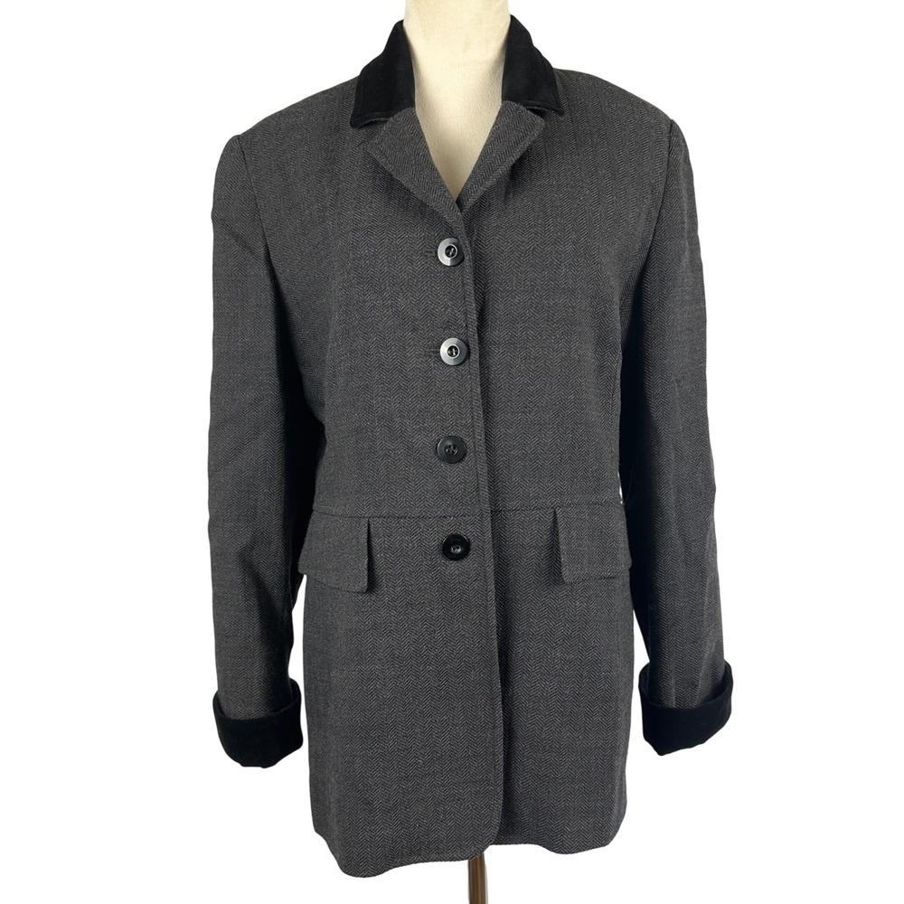 Olsen Collection Herringbone Blazer Jacket‎ Wool Blend Velvet Trim Women 10 Gray